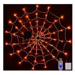 Halloween Spider Web Lights 80 LED Orange Lighted Spider Net with Creepy Spider